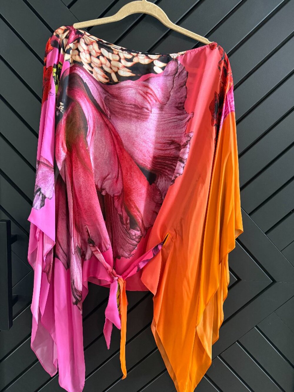 Robert Cavalli Silk Floral Print Kaftan Poncho Top Tie Front Pink Orange OS - Picture 2 of 6